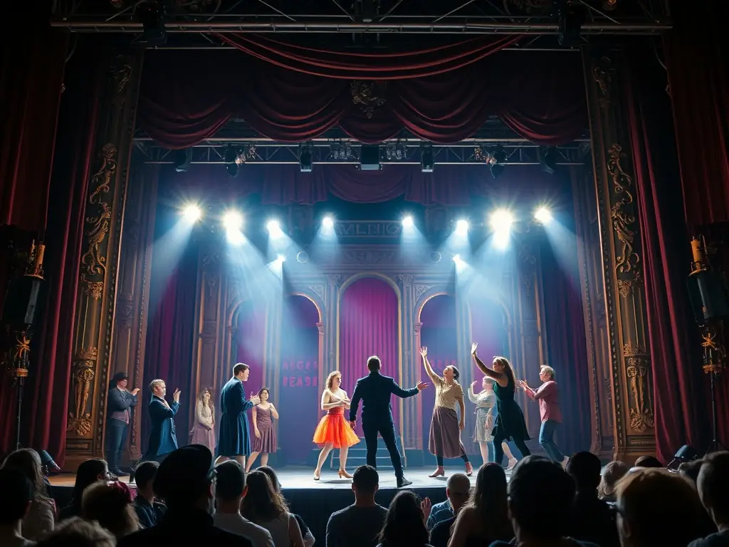 A dynamic image of a theatrical performance, capturing the energy and excitement of the actors and the audience.