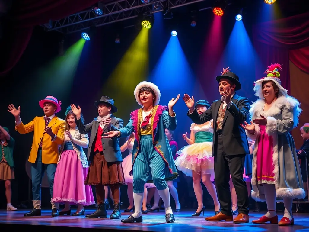 A dynamic image of a theatrical performance, featuring actors in costume on stage, with dramatic lighting and a captivated audience.
