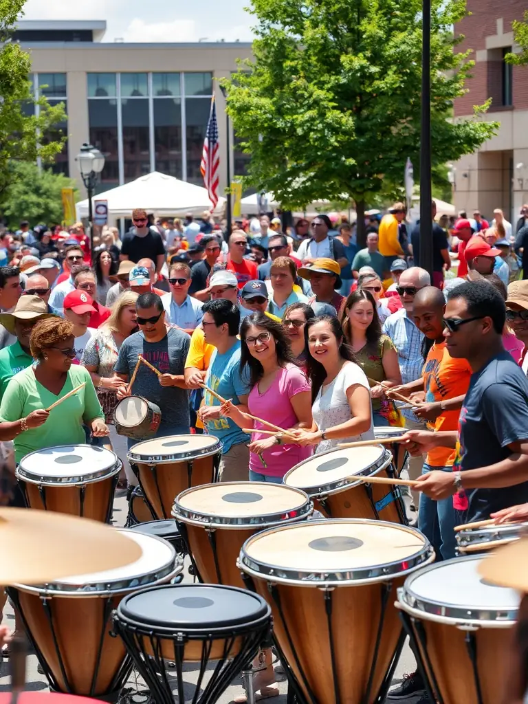 A dynamic shot of a music concert featuring local musicians playing various instruments, with an enthusiastic audience enjoying the performance.