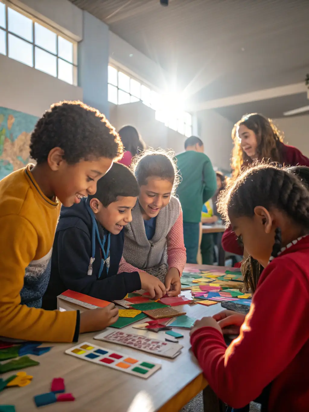 A group of children participating in an animation workshop, learning how to create their own short films using stop-motion techniques.