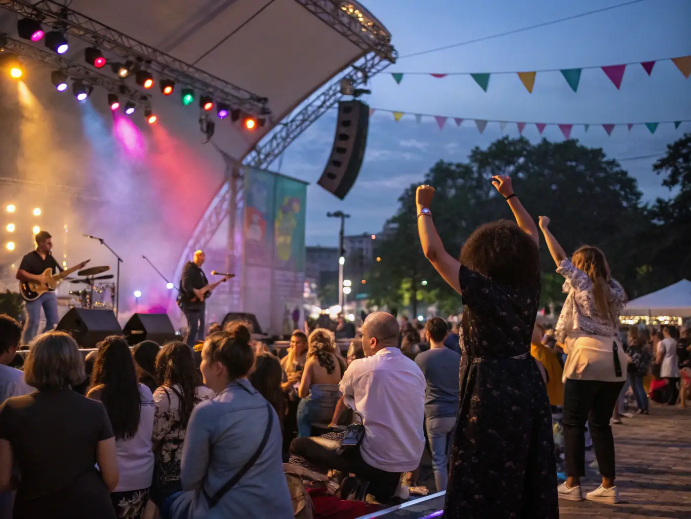 A lively image of a music concert, showing musicians performing on stage and the audience enjoying the music.