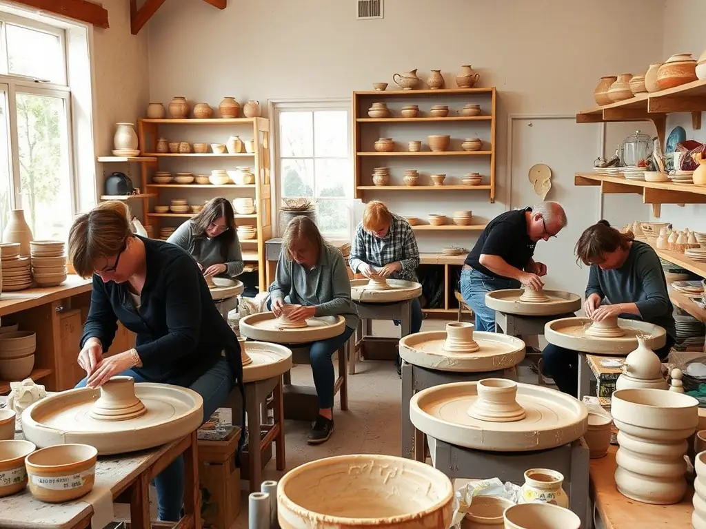 A vibrant image of participants engaged in a pottery workshop, showcasing the hands-on creative process and the community interaction.