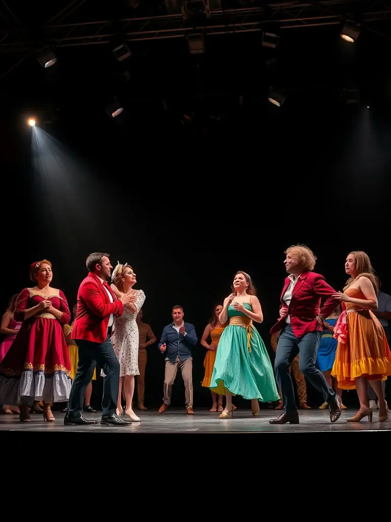A photograph capturing a lively theatrical performance with actors in colorful costumes on stage, showcasing a community play organized by FOYER RURAL ST JULIEN VENDOMOIS.