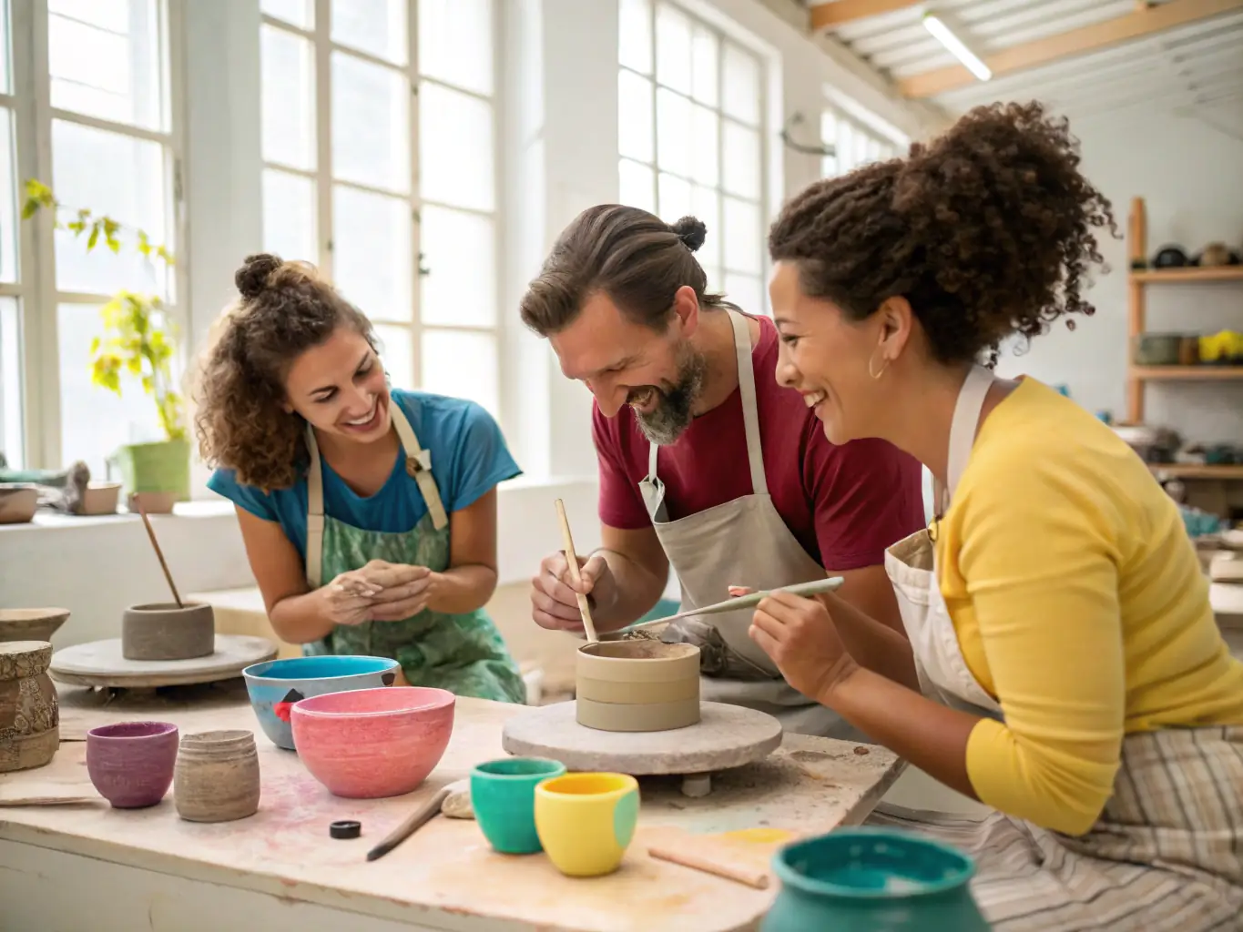 A vibrant image depicting participants engaged in a pottery workshop, showcasing the hands-on creative process and the community interaction.