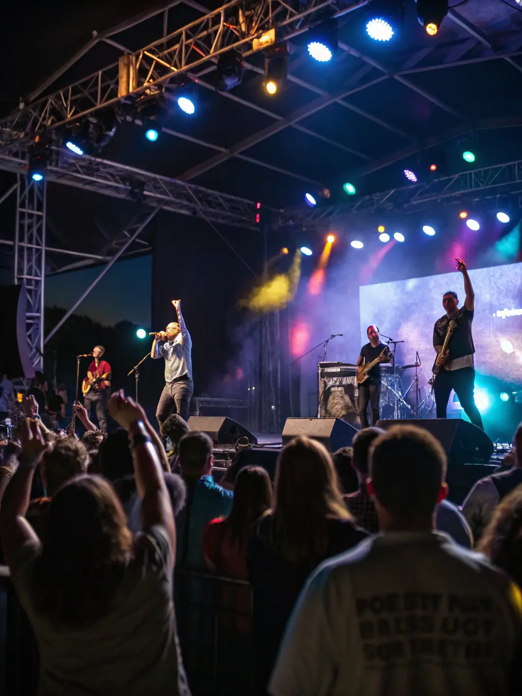 A dynamic shot of a music concert featuring local musicians performing on stage, with the audience enjoying the vibrant atmosphere and music.