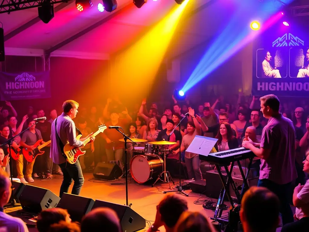 A lively image of a music concert, with musicians playing instruments on stage, colorful lighting, and an enthusiastic crowd.