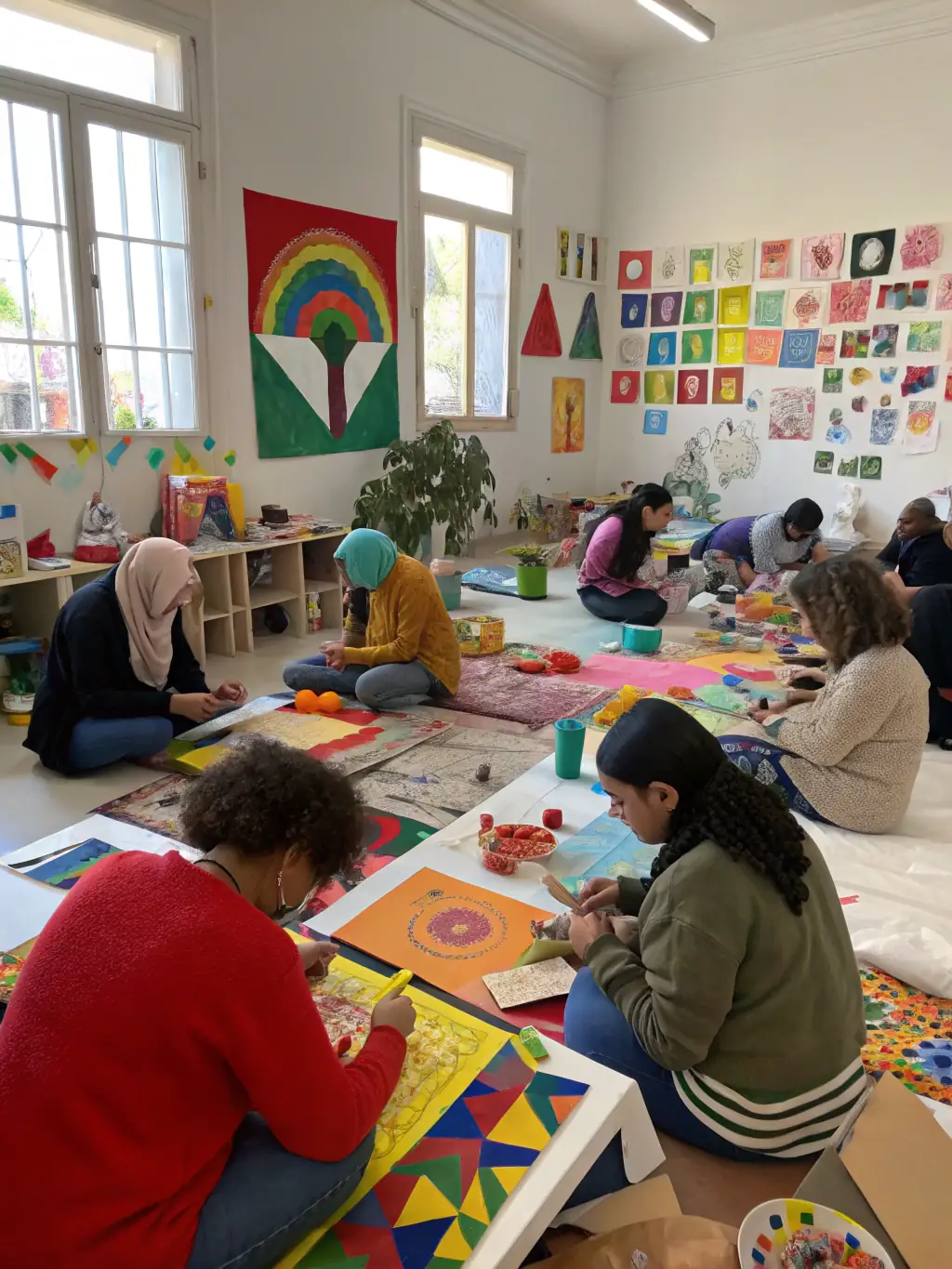 An image of an art workshop in progress, with participants of all ages creating colorful paintings and sculptures under the guidance of a local artist.