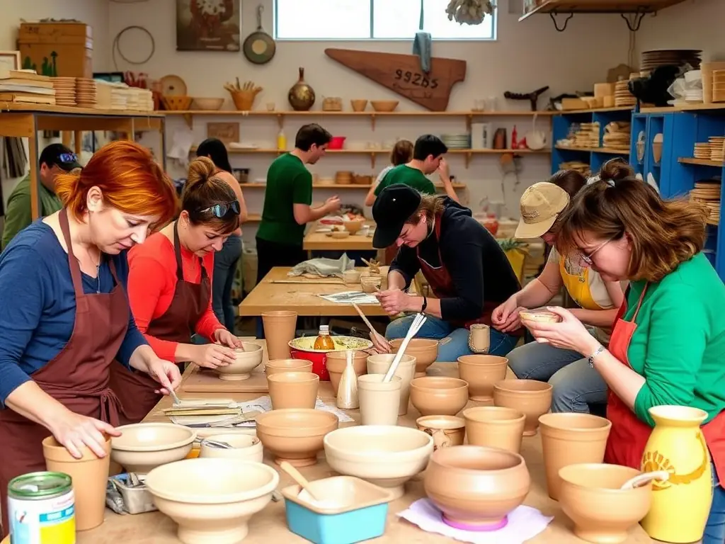 A vibrant image showcasing participants engaged in a pottery workshop, with clay and tools visible on tables, set in a brightly lit studio.